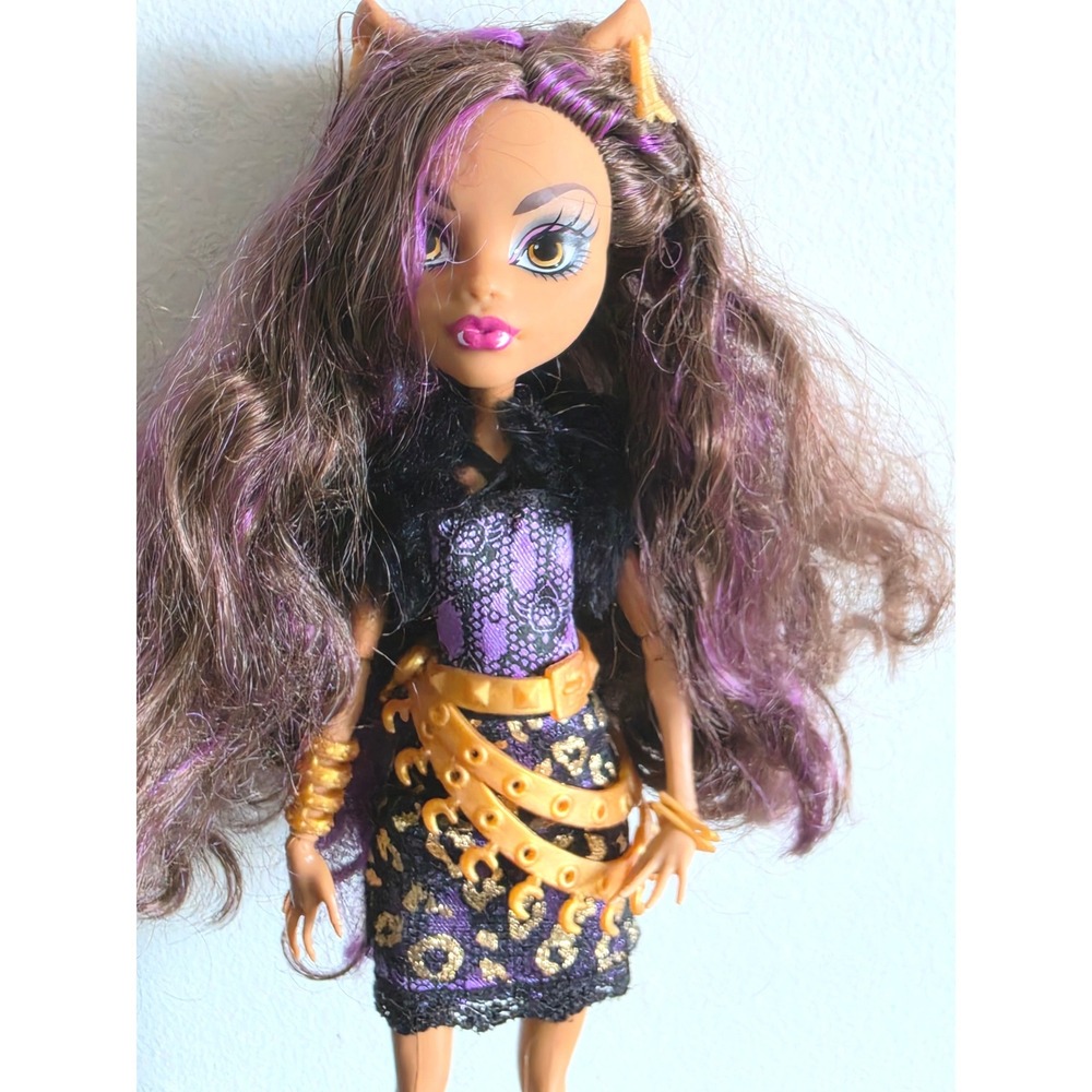 Mattel Monster High Clawdeen Wolf Doll Purple Leopard Dress Gold Accessories